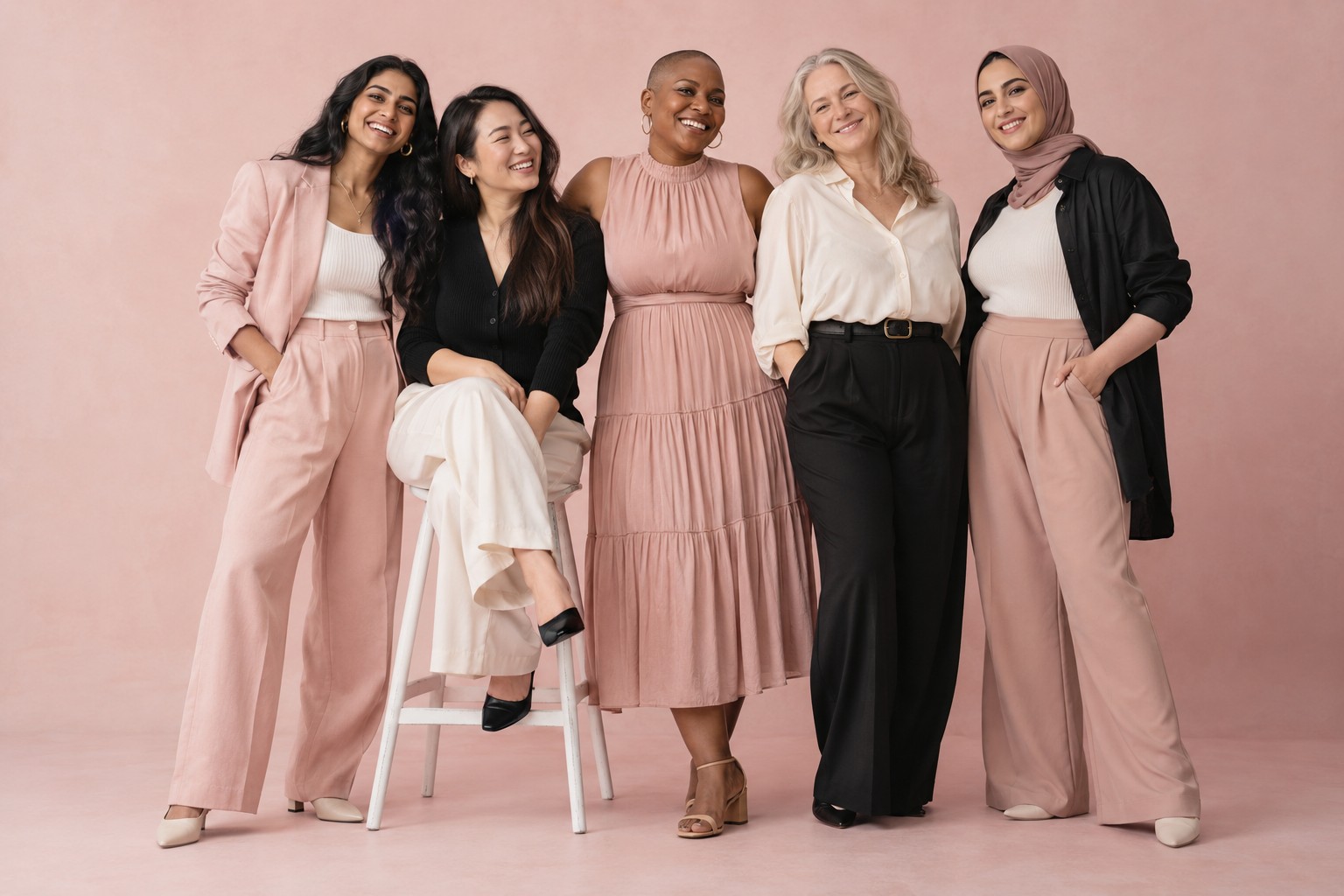 A group of women with different body sizes and backgrounds wearing contemporary outfits