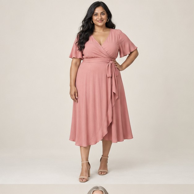 Illustrative blush wrap midi dress outfit