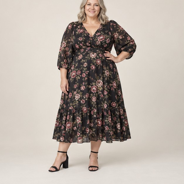 Illustrative floral midi dress outfit